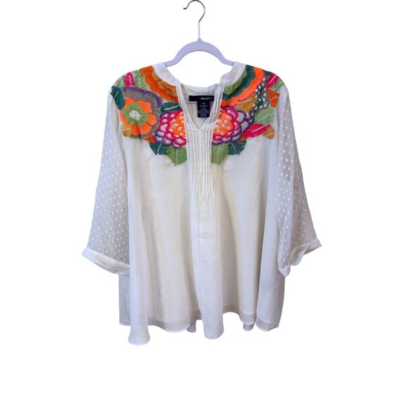 Denim 24/7 Ivory Embroidered Tunic Blouse With Sheer Sleeves Size 24W - Picture 8 of 9